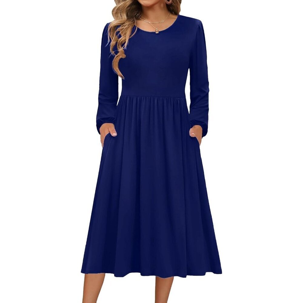 Zeagoo Women Navy 2 Long Sleeve Flowy A-Line Boho Long Dress with Pockets